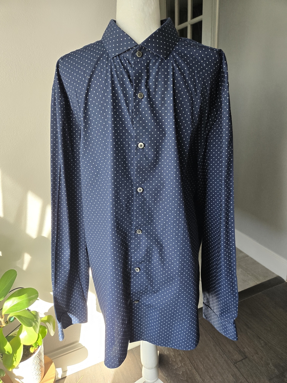 Express Men's XXL 1MX Dress Shirt Navy Blue Polka Dot Long Sleeve Modern Fit